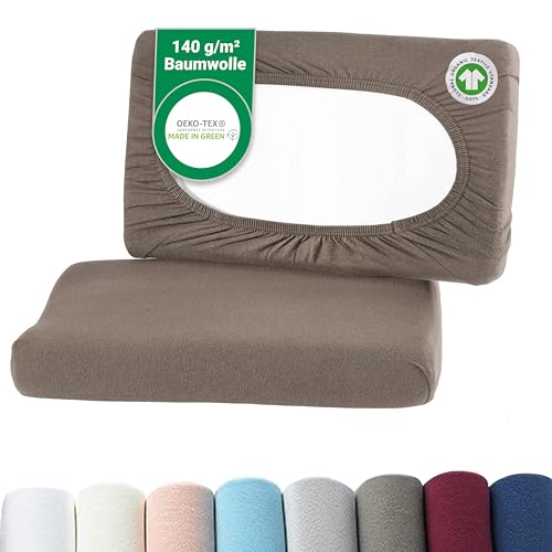 BaSaTex Bio Kissenbezüge Spannbezüge 2er Pack für Nackenkissen und Gesundheitskissen | 97% GOTS-Zertifizierte Baumwolle + 3% Elasthan | ca. 45-60 x 30-40 cm – 20 cm Steg | Taupe