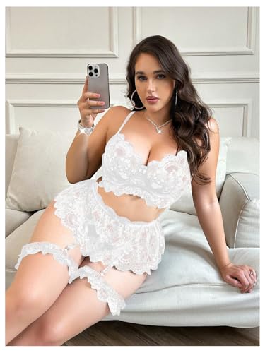 Image of Verdusa Women's Plus Size 4 Piece Lingerie Set Floral Lace Sheer Bralettes and Thong with Garter Belt