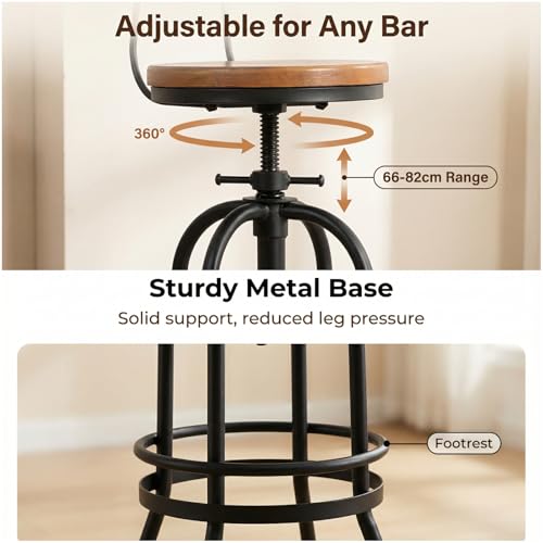 Butaco Industrial Ajustable 26-32 Pulgadas con Respaldo Arqueado, Asiento Giratorio Redondo de Madera y Estructura de Metal Estilo Rústico Farmhouse Set de 2 miniatura 4