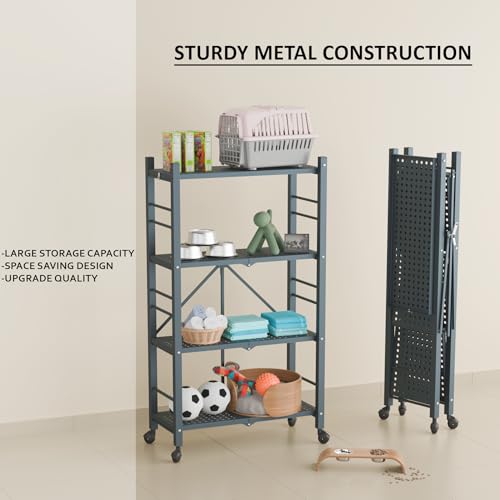 Image of Sahni Foldable 4-Tier Storage Shelf | Foldable Metal Bookcase| Multi Purpose Display Unit with Wheels (Graphite Grey)