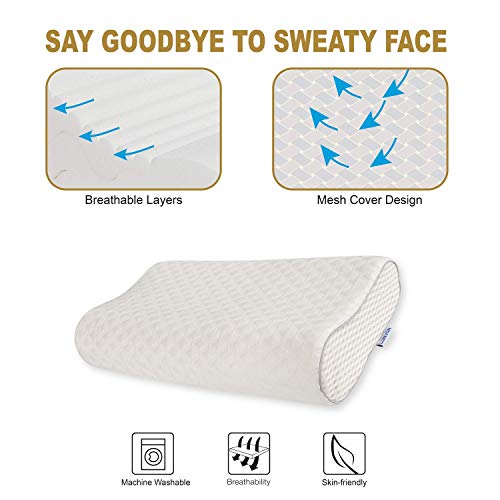 Lunvon Pillows for Sleeping Luxury Queen Memory Foam Cooling Bed Pillows Height Adjustable Cervical Pillows with Pain Relief Design Breathable Hypoallergenic Cotton Cover Protector CertiPUR-US, White