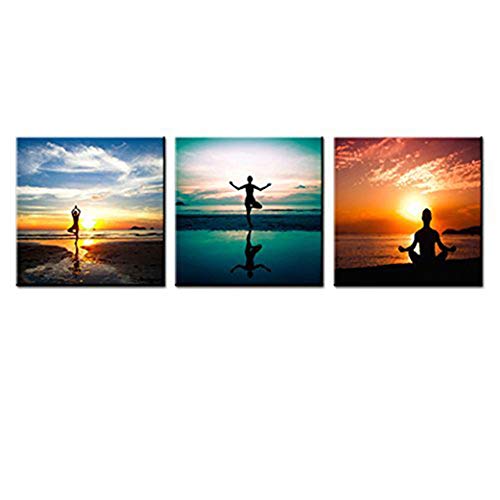 3 Panels Seaside Painting Do Excerise Yoga On The Beach Picture Printed On Canvas Wall Art For Home Decoration Stretched And Framed Ready To Hang (30X30Cmx3Pcs) #TOP1