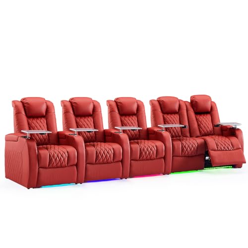 Image of Weilianda Home Theater Seating, Top Grain Leather Movie Theater Chair | Red Row of 5 Loveseat Right, Zero Gravity, Power Headrest, Tray Table, Electric Reclining Seat for Media Room