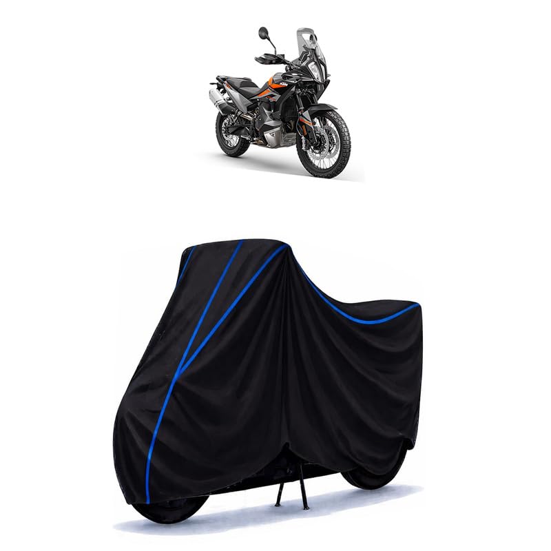 Image of KTM 890 Adventure R Bike Cover Water Resistant Universal Motorcycle Rain | Heavy Duty UV Protection, Dust, Scratch Indoor Outdoor All Weather with Black Blue Piping Elastic