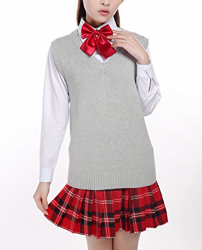 Image of Men Women Knitted Cotton V-Neck Vest JK Uniform Pullover Sleeveless Sweater School Cardigan