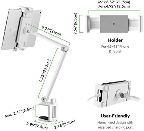 Viozon Tablet Stand Holder Mount, Rotate 360 Degrees of Flexible, Height and Angle Adjustable, High-Grade Aluminium Alloy Long Arm Compatible with 4.5-13 Mobile Phone and Tablet, iPhone, iPad(White)