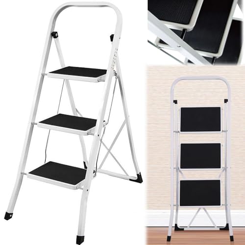 Escabeau pliant en acier avec tapis ondulés noirs - 3 marches en acier - Échelle pliante - Échelle domestique - Échelle compacte - Tapis antidérapant pour cuisine, bureau, bricolage - Charge maximale