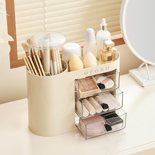 UFORU Makeup Organizer with Pop-Up Brush Holder for Dresser Vanity, Plastic Bathroom Counter...