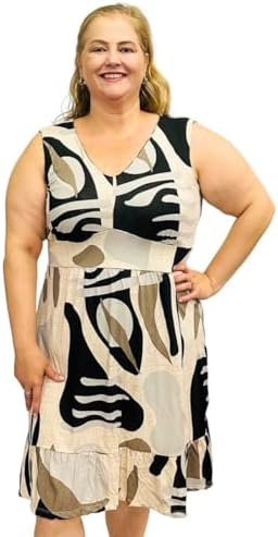 Vestido Estampado Feminino Plus Size Gola V Midi Regata Frente Fo...