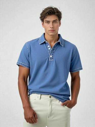 Men's Vintage Denim Polo Shirt, Short Sleeve Collared Casual T-Shirt, Solid Color Button-Up Retro Style Top4