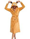 Ekouaer Women's Robe Cute Animal Bathrobes Full Length Soft House Coat with Hood for Adult Yellow Ocher Elk S