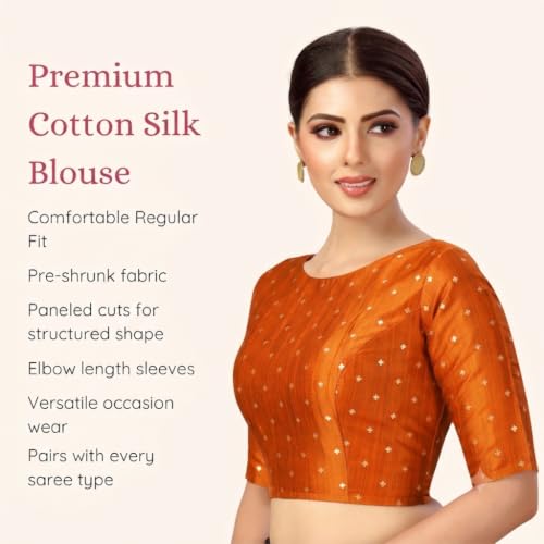 Image of Studio Shringaar Women Cotton Silk Silky Brocade Readymade Elbow Length Sleeves Saree Blouse Choli