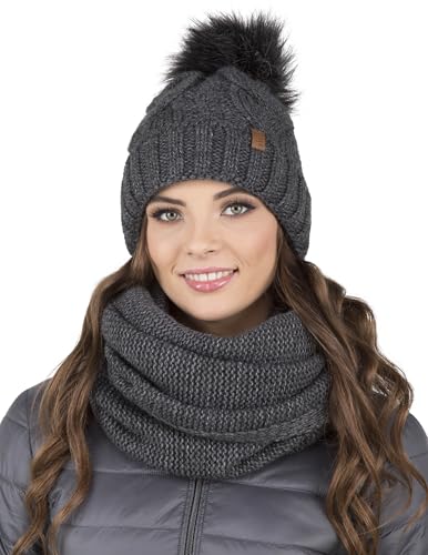 VIVISENCE Damen Bommelmütze Und Loop-Schal Mit Bommel Ideal Für Wintertage 7014, Dunkelgrau,Einheitsgröße