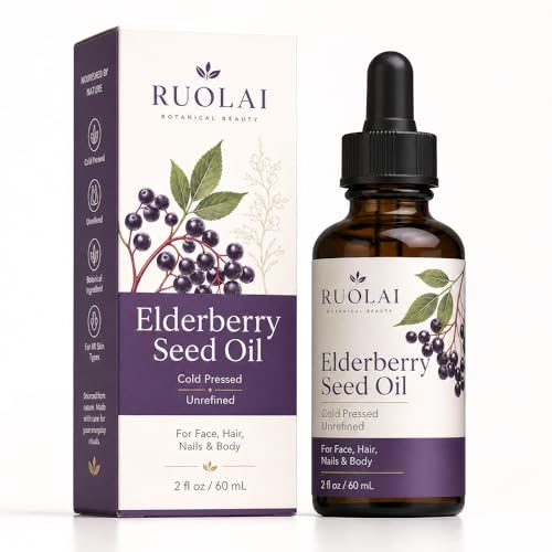 Ruolai Elderberry Seed Oil Cold Pressed Unrefined Carrier Oil for Face Hair Nails & Body | Lightweight Botanical Extract for Skin Care Glow Blends & Travel 2 oz (Pack of 1)