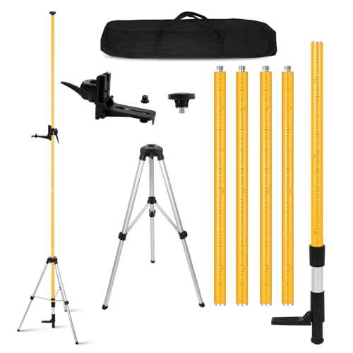DMITER 12 Ft Telescoping Poles with Tripod Adjustable Telescoping Laser Pole with 1/4 & 5/8 Mounts Aluminum Laser Level Pole with Tripod and Bracket for Rotary & Line Lasers Drywall & Tiling