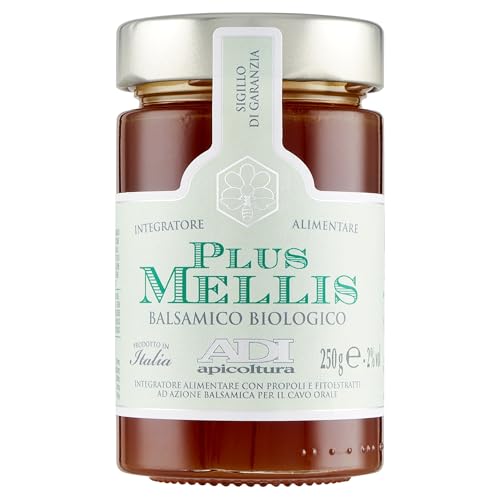 ADI BIO – Miel balsámica italiana orgánica, enriquecida con propóleos crudos, equinácea, grosella negra, aceite esencial de eucalipto y menta piperita – Fabricado en Italia – 250 g