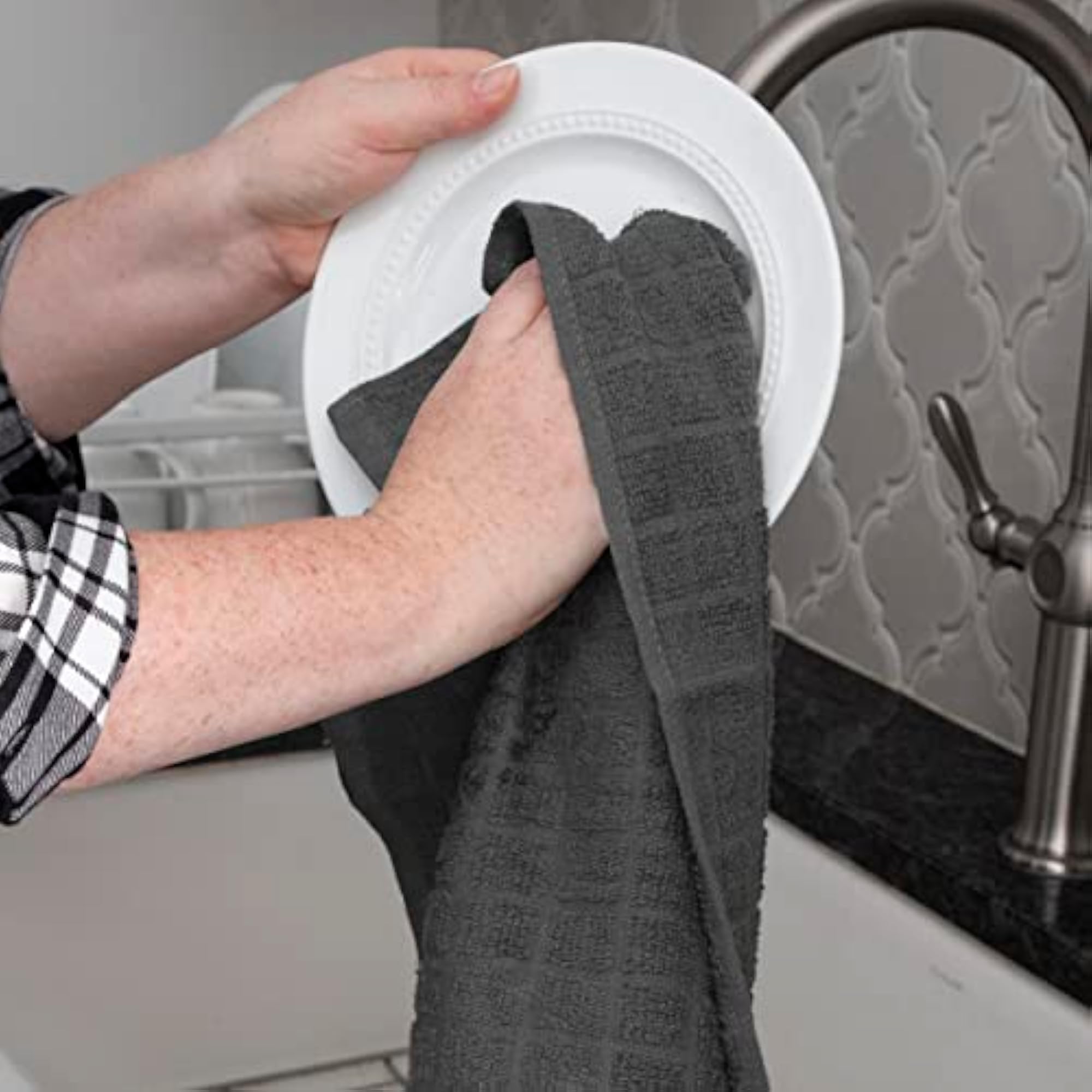 Terry Cotton Kitchen Towel and Dish Cloth, Graphite 6 Towel Set