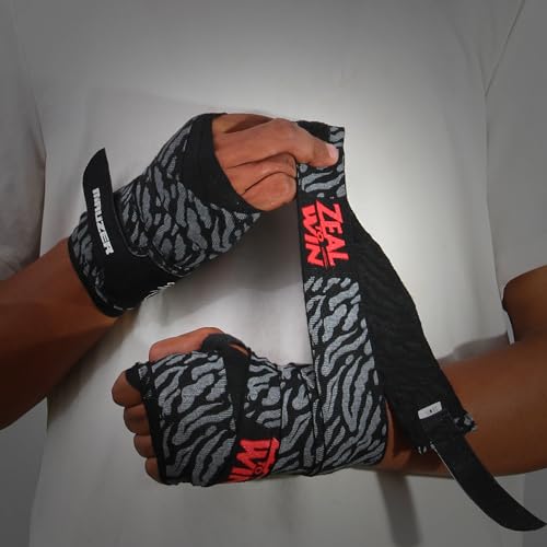 Image of Mexican-Style Boxing Hand Wraps - Breathable Stretch Cotton /Poly, 2 inch Wide with Hook & Loop, CAT Skin Graphic & Zeal to Win Slogan 2.5 Meter