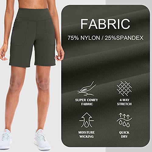Santiny Bermuda Shorts For Women With Zipper Pocket Womens High Waisted Long Shorts For Running Workout Athletic(Olive Green_M) #TOP4