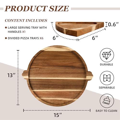 YUBAMIN Acacia Wood Serving Tray with Handles, Round Charcuterie Boards with 6 Detachable Pizza Trays, Wooden Decorative Tray for Party, Coffee Table Tray for Home Decor, Bathroom, Kitchen Counter — view 3