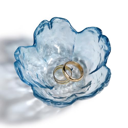 QIANCHANG Blue Glass Ring Holder Dish, Cherry Blossom Decor Jewelry Trinket Tray, Rings Earrings Keys Storage Organizer Bowl