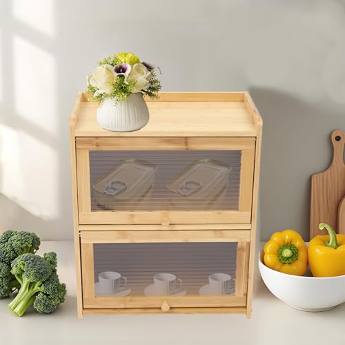 YUYUZI Armoire de rangement en bambou avec portes transparentes - Plan de travail moderne - Armoire de rangement pour cuisine, salon et salle de bain - Organiseur peu encombrant pour boîtes de – vue 2