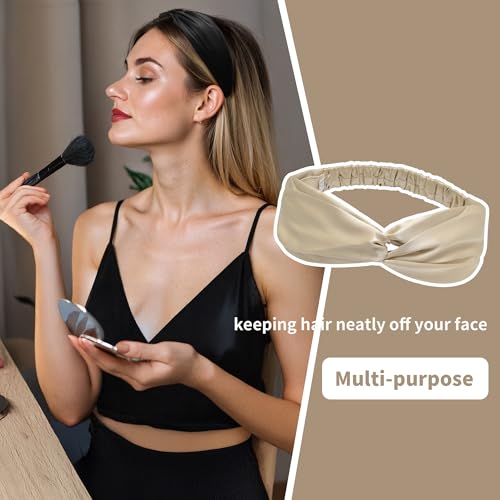Image of ZLYC Mulberry Silk Headband for Women's Hair, Solid Pale Beige | smooth luxury real silk, stretch elastic no slip fit, makeup spa skincare use, travel daily wear,boho fashion hair accessory