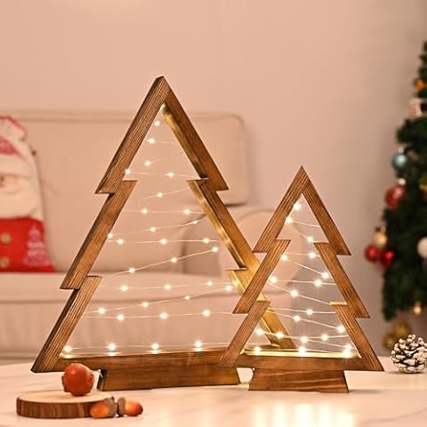IBYO Tabletop Christmas Tree with Lights Wooden Christmas Tree Decorations Small Christmas Tree with Lights Rustic Christmas Decor for Bedroom Set of 2 (Large 13.7" Medium 9.7") Cover