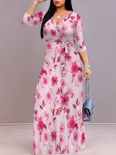 Image of Plus Size Dresses for Women Floral Print Maxi Dress Flowy 3 /4 Sleeve with Belt