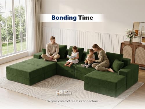 Image of Living&Giving 128 inch U-Shaped Cloud Sectional Couch for Living Room, Cloud Boneless Couch-No Assembly with Reversible Chaise, Customizable 4-Seat Modular Sectional Sofa with 3 Ottoman, Green