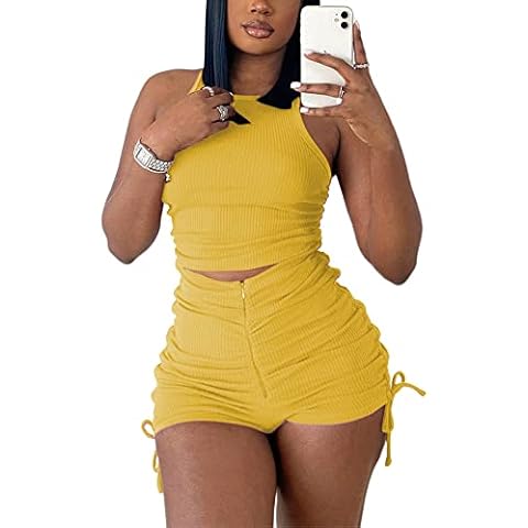 2 Piece Outfits Women Summer Sexy Bodycon Seamless Ribbed Crop Top and Ruched Drawstring Shorts Tracksuits Workout Sets, Yellow, X-Large Cover