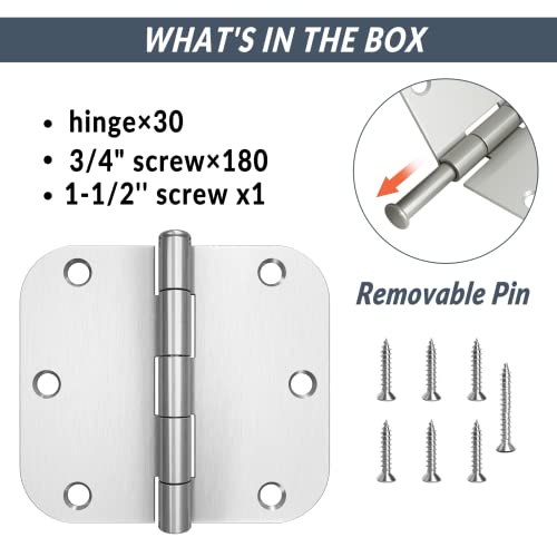 Hosom 30 Pcs 3.5 Inch 5/8 Radius Brushed Nickel Rounded Door Hinges And 6 Pcs Keyless Privacy Door Handle Satin Nickel #TOP2