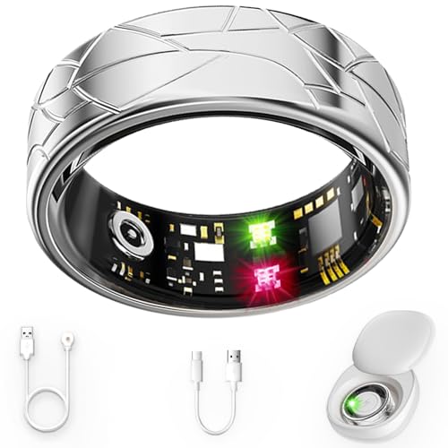 Smart ring fitness tracker with sleek design, displaying internal components and LED indicators, accompanied by charging cable and case, featured in guide on AI fitness gadgets for 2025.