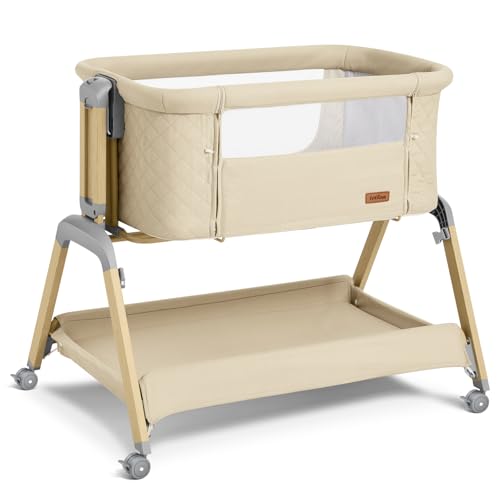Image of TotRun Bassinet Bedside Sleeper, Rocking Bassinets with Comfy Mattress and Wheels for Newborn, 5-Height Adjustable (Beige)