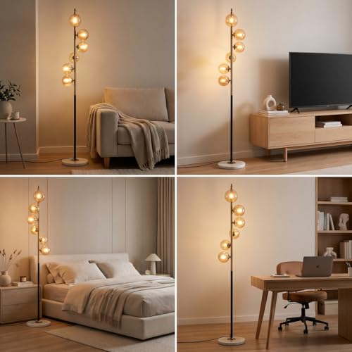 Image of Floor Lamp 3-Color CCT (Warm + Natural + Cold White) | 5-Globe Amber Glass Metal Stand | Marble Base | Living Room Bedroom