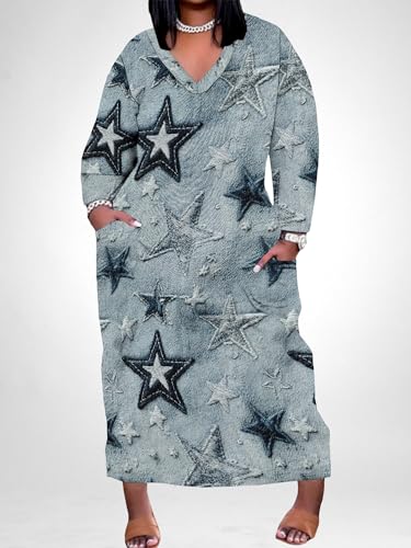 Image of SUZONANA Plus Size Denim Print Maxi Dresses for Women Casual V Neck Short Sleeve with Pockets Soft Jean Look Dress XL-6XL