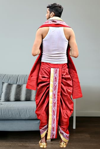 Image of Men's Ethnic | Traditional Ready to wear (Pant System) Readymade Panchakacham Dhoti With Angavastram(Towel) Set, Tassar Silk, Free Size (GC002)