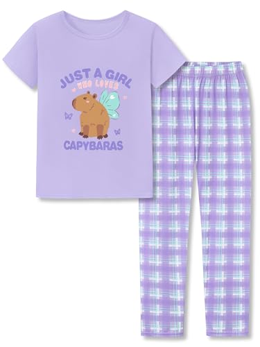 Beezizac Pajamas for Girls Cute Capybara Short Sleeves & Purple Plaid Pants 2-Piece Soft PJ Set Size 8