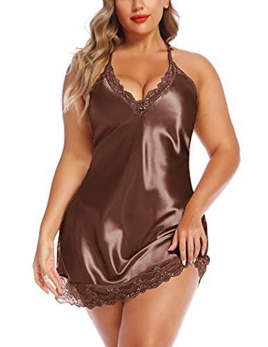 Avidlove Women Lingerie Plus Size Satin Lace Chemise Nightgown Cami Slip Dress (Brown, Large) #TOP2