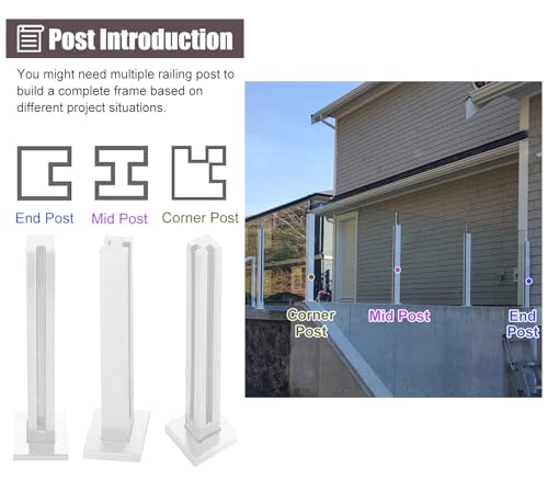 Poste de barandilla de acero inoxidable 304 S blanco de 50-130 cm para esquinas de balcones 4