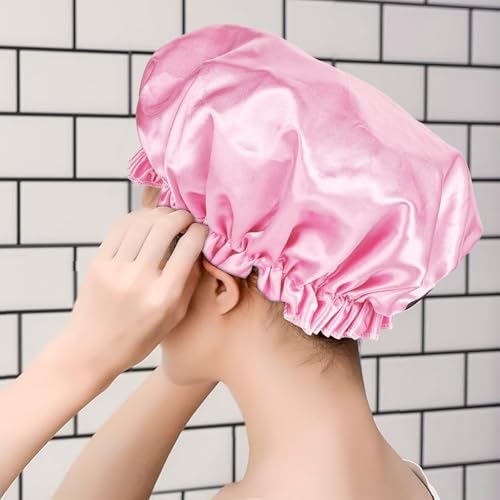 1 Pack Shower Caps for Women, Bathing Shower Caps, Reusable Elastic and Waterproof，Double Layers Hair Cap, Environmental Protection Hair Bath Hat(Light Pink)
