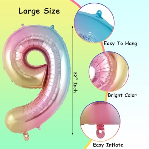 Image of Rozi Decoration 32 Inch Rainbow Number 9 Foil Balloon - Large Metallic Gradient Party Decoration Balloon for Birthday, Anniversary & Events | Easy Inflate & Hang | Reusable Celebration Decor Pack of 1