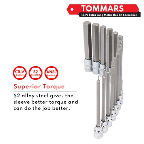 Image of TOMMARS 15-PC Metric Extra Long Hex Bit Socket Set H2-H19 | Extra Long Socket Set, H2-H19, S2 Alloy Steel, 3 /8 inch 1 /2 inch Drive