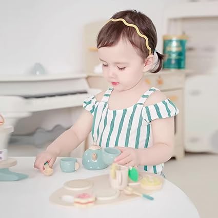15PCS Tea Party Set for Children, Pretend Play Picnic Tea Time for Kids Wooden Tea Set for 3, 4 - Image 2