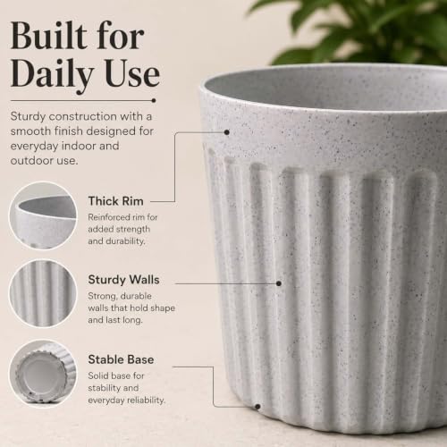 Image of Go Hooked Round Planter Pot (8Inch, Pack of 3) | White Marble Texture Stylish Modern Ribbed Design | Decorative Indoor Outdoor Plastic Flower Pots for Balcony, Living Room, Garden, Home & Office Decor