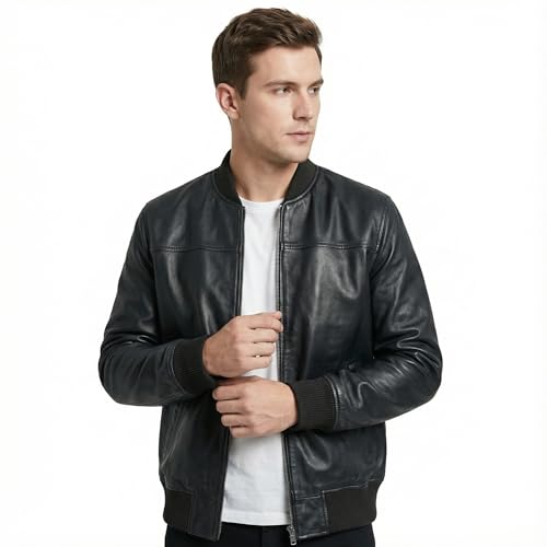 Men's Lambskin Leather Bomber Jacket Classic Black