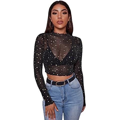 GORGLITTER Women's Star Print Mesh See Through Crop Tee Tops Lettuce Trim Long Sleeve Mock Neck T Shirts Sexy Sheer Mesh Crop Top Black L Cover
