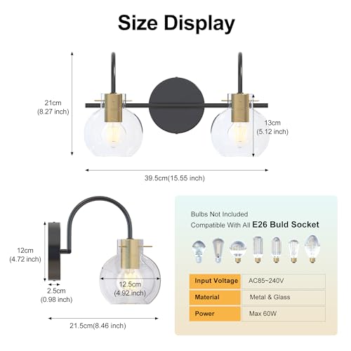 Image of Modern Bathroom Vanity Light 2-Light Wall Sconce, Black & Gold Finish with Clear Glass Shades, Bathroom Light Fixtures Mirror Lighting for Kitchen, Bedroom, Hallway, - Easy Installation