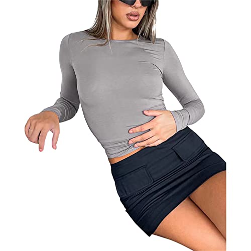 Top de Camiseta Corta de Manga Larga básica de Manga Larga para Mujer Y2K Tops TikTok Crop Top Club Party E-Girls Streetwear(Light Gray-a, L)