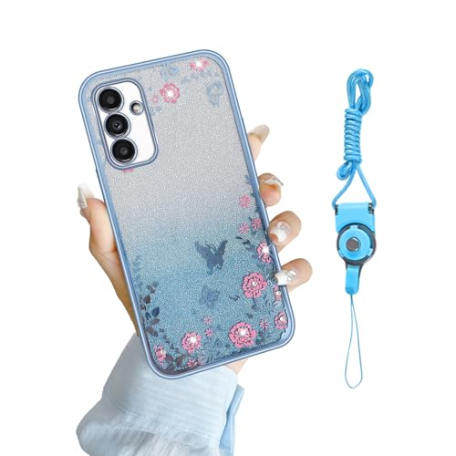Image of for Samsung Galaxy A13 5G Case, A13 Phone Case for Women Gradual Change Glitter Crystal TPU Stylish Butterfly Floral Heart Clear Protective Cover with Strap for Samsung Galaxy A13 5G Blue
